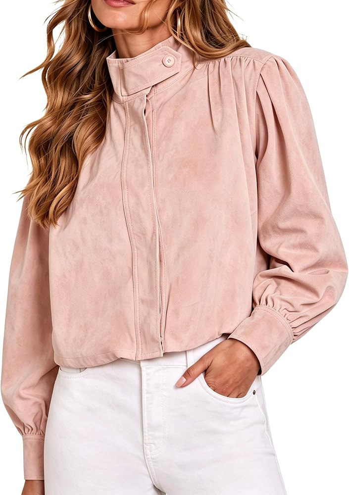 Faleave Women's Faux Suede Jacket Stand Collar Puff Sleeve Casual Outerwear | Amazon (US)