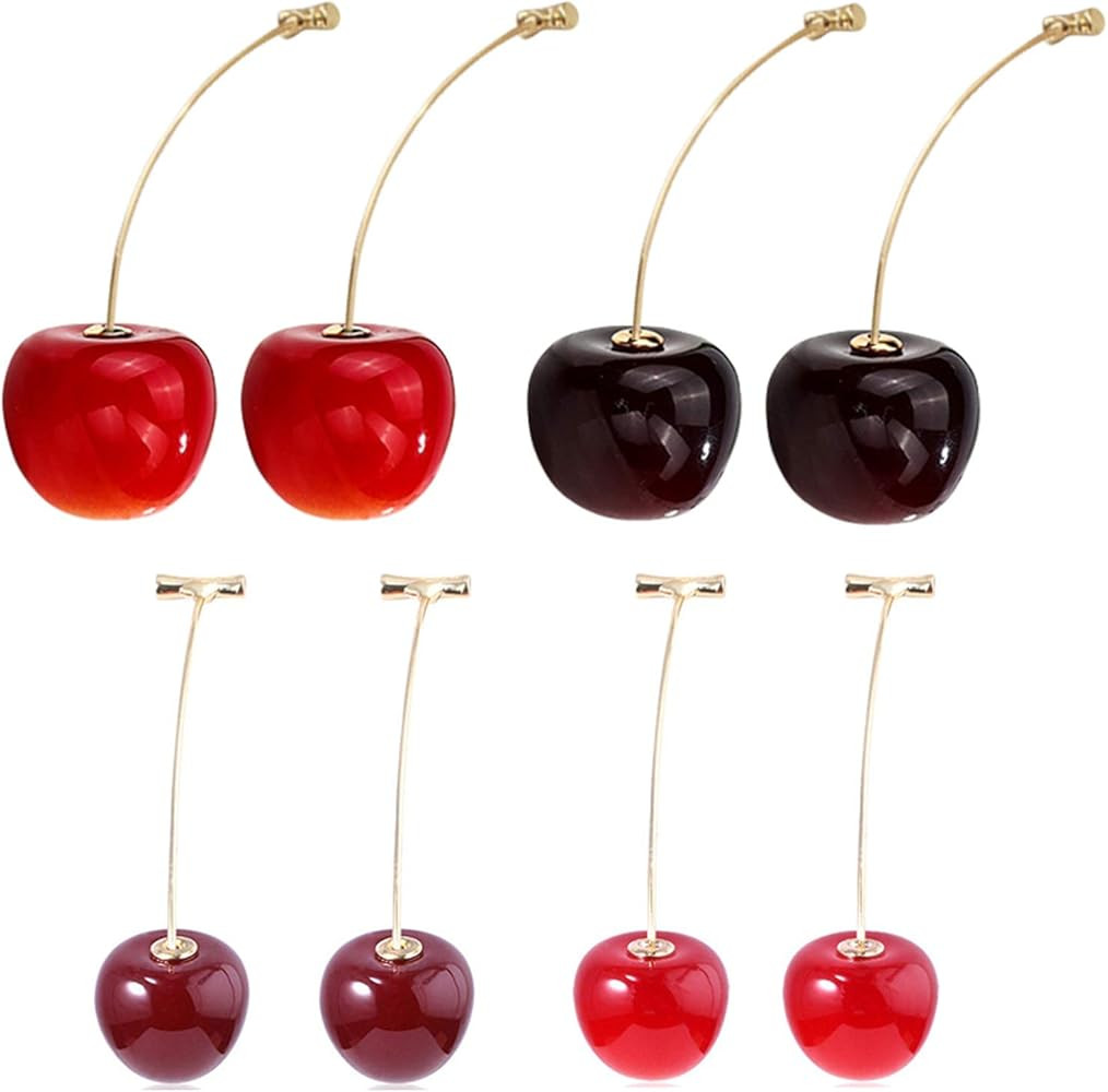 4 Pairs 3D Lifelike Red Cherry Dangle Drop Earrings Creative Assorted Cute Fruits Earring Charm S... | Amazon (US)