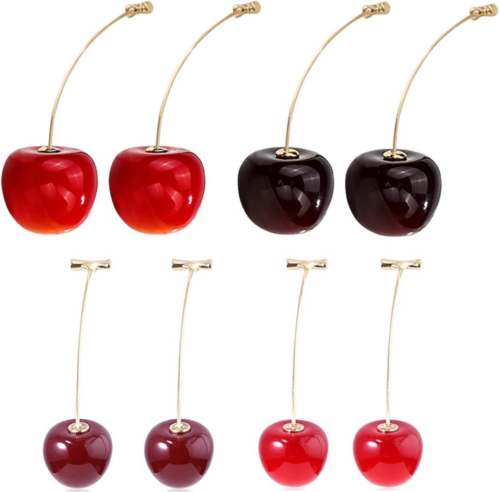 4 Pairs 3D Lifelike Red Cherry Dangle Drop Earrings Creative Assorted Cute Fruits Earring Charm S... | Amazon (US)
