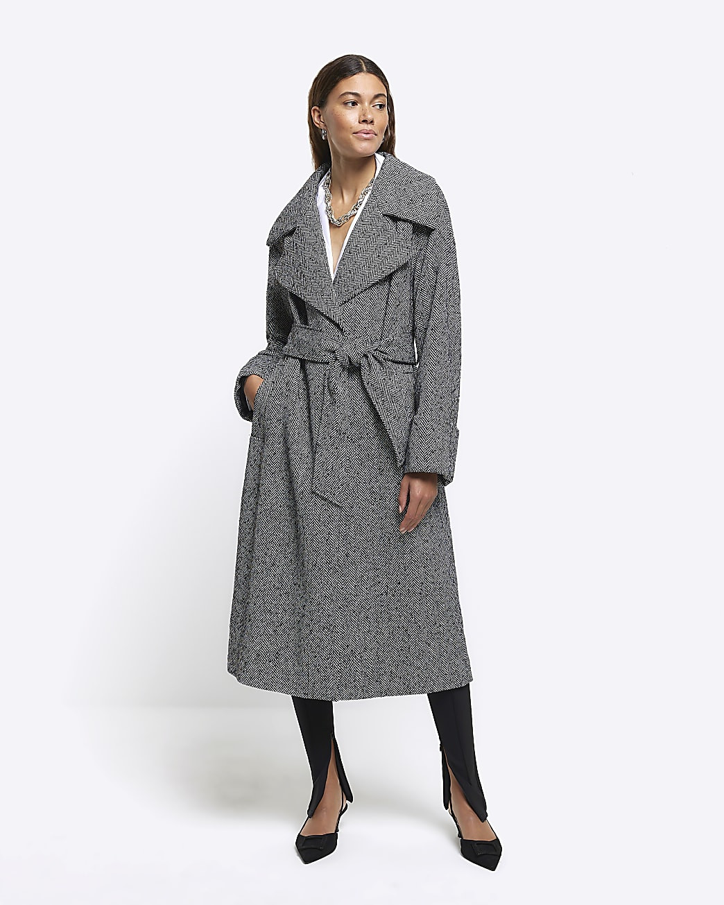 Black herringbone longline coat | River Island (UK & IE)