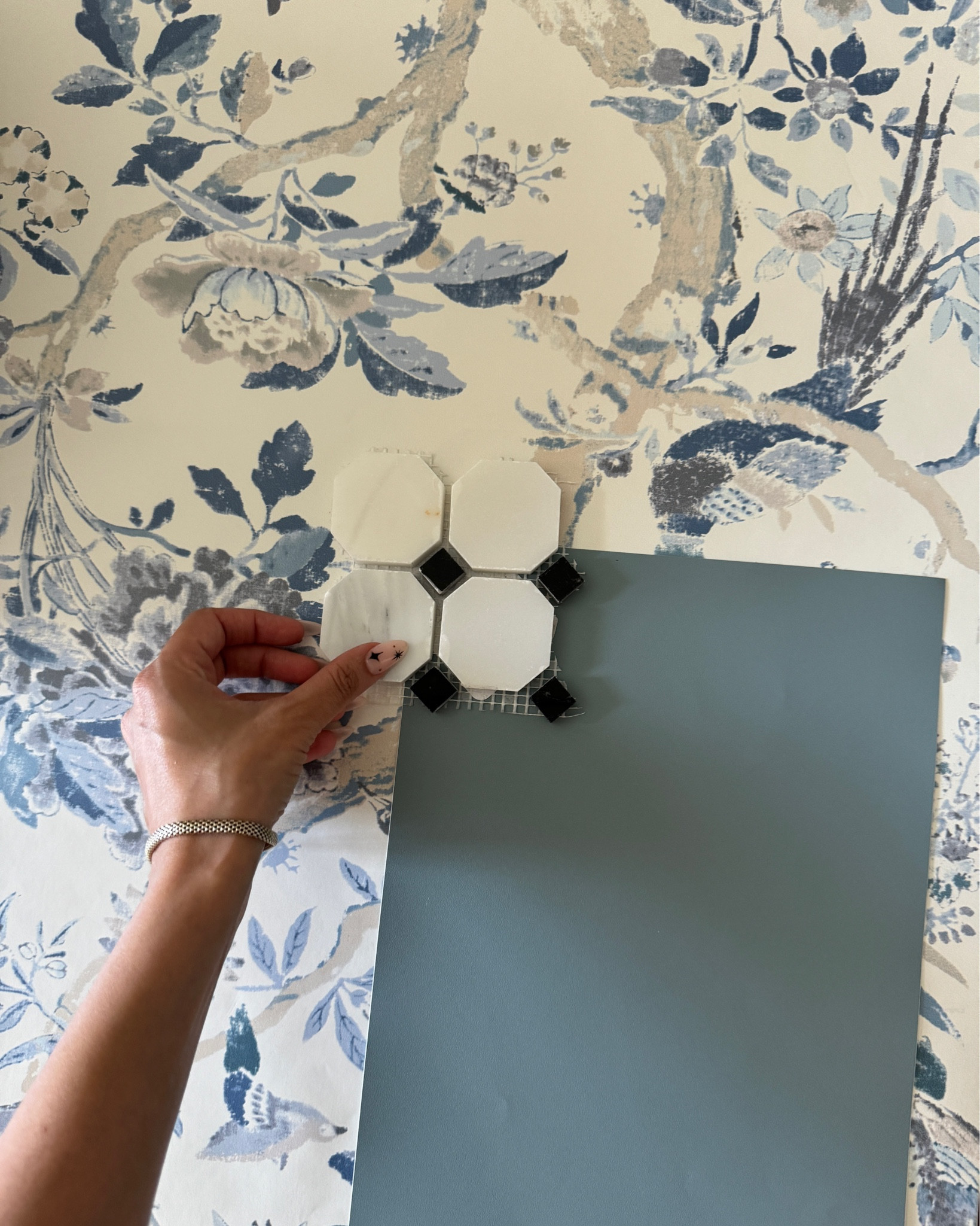 Blue bathroom wallpaper and tile combination. Bathroom fixtures gold and brass. Vintage bathroom accessories 

#LTKHome #LTKFindsUnder50 #LTKStyleTip