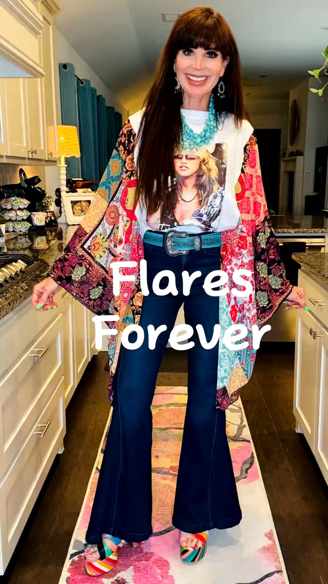 I love a good flare!  These @walmart ones had a long option and have good stretch!  My multicolored platforms are Charlotte Stone favs!  This scarf tee is from TikTok shop!  

#LTKootd #LTKOver40 #LTKTall