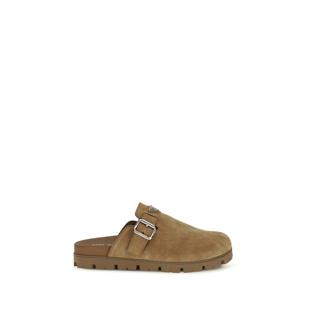 Prada Suede with Metal Triangle Logo Mule — Beige | Italist Inc.
