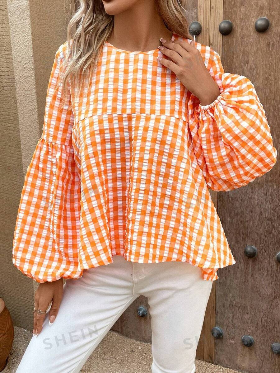 SHEIN LUNE Gingham Print Lantern Sleeve Peplum Blouse | SHEIN