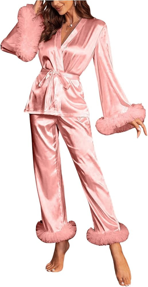 WDIRARA Women's 2 Piece Satin Pajamas Mesh Trim Flare Sleeve Wrap Belted Top and Pants Lounge Set | Amazon (US)