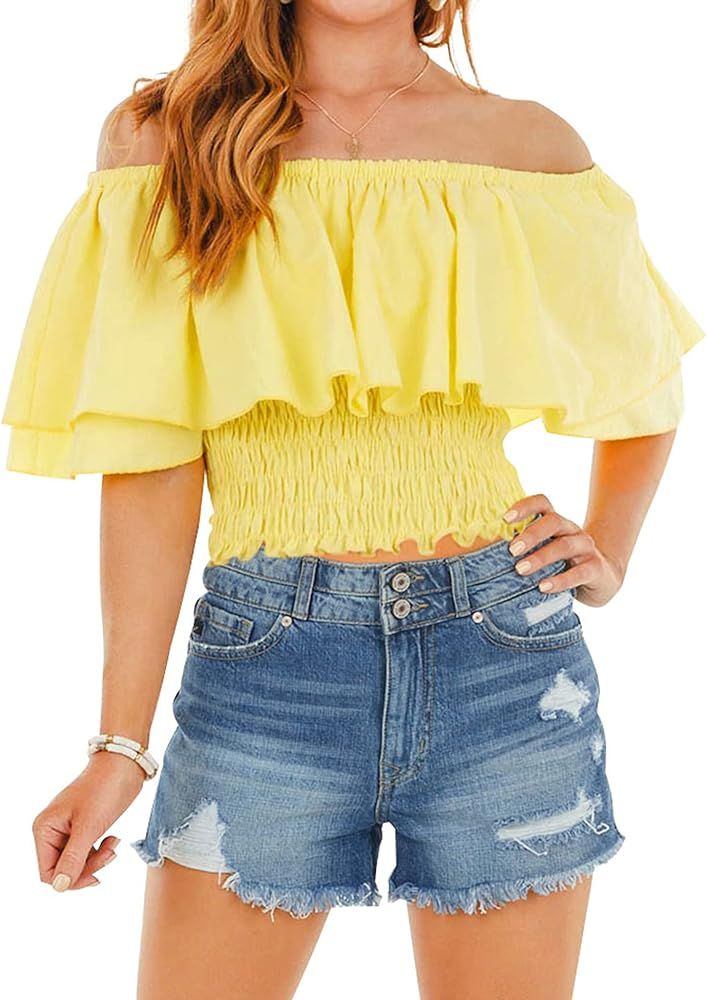 Hibluco Womens Off Shoulder Tops Ruffled Crop Top Smocked Waist Blouse Summer Tops | Amazon (US)