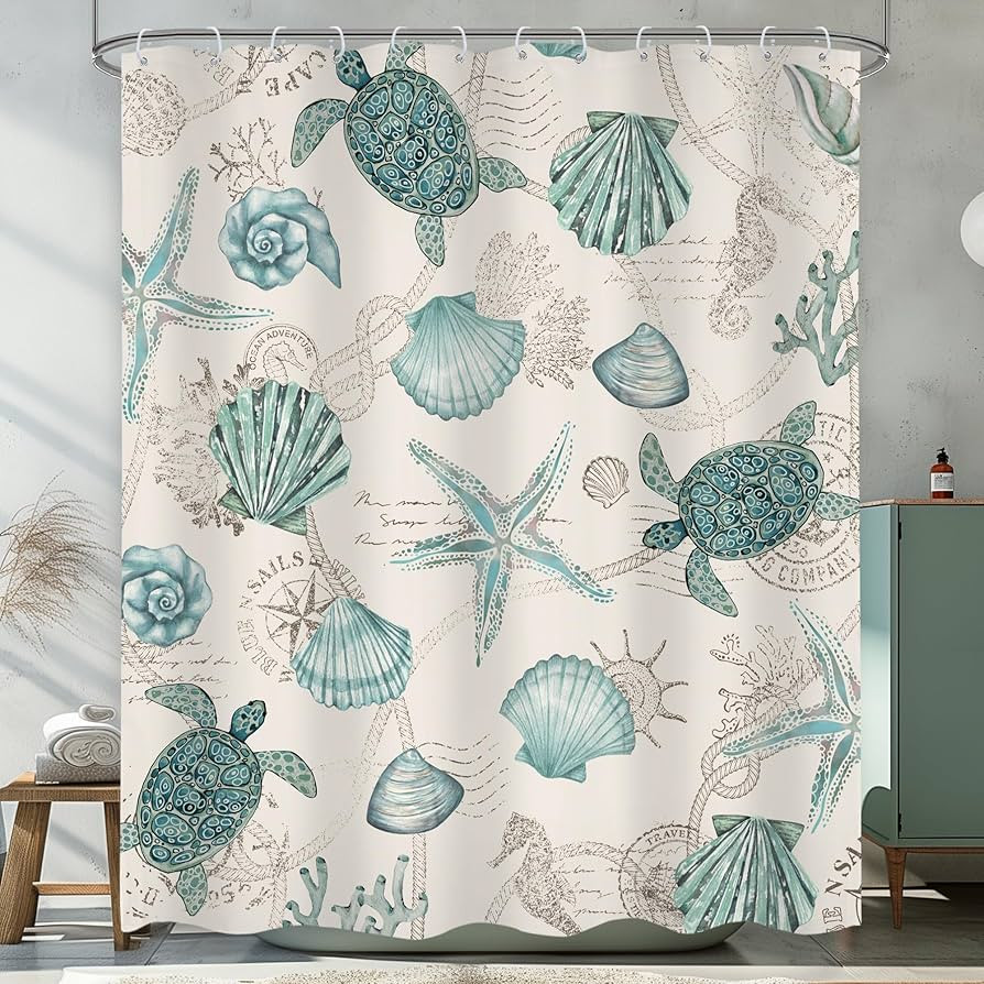 Omifly Teal Nautical Coastal Shower Curtain 60Wx72H Inch Vintage Ocean Sea Turtle Starfish Seashe... | Amazon (US)