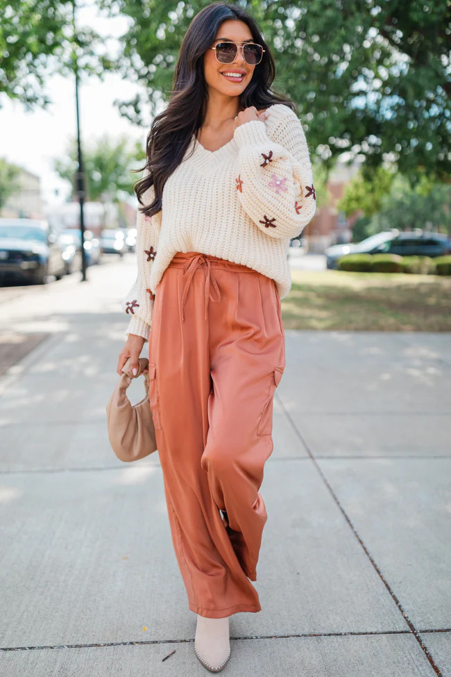 Join You Later Oatmeal Floral Sleeve Applique Sweater | Pink Lily