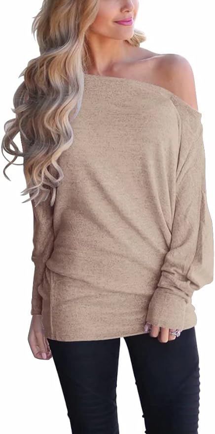 Lacozy Women's Off The Shoulder Tops Casual Long Sleeve Shirt Oversized Knit Pullover Sweater | Amazon (US)