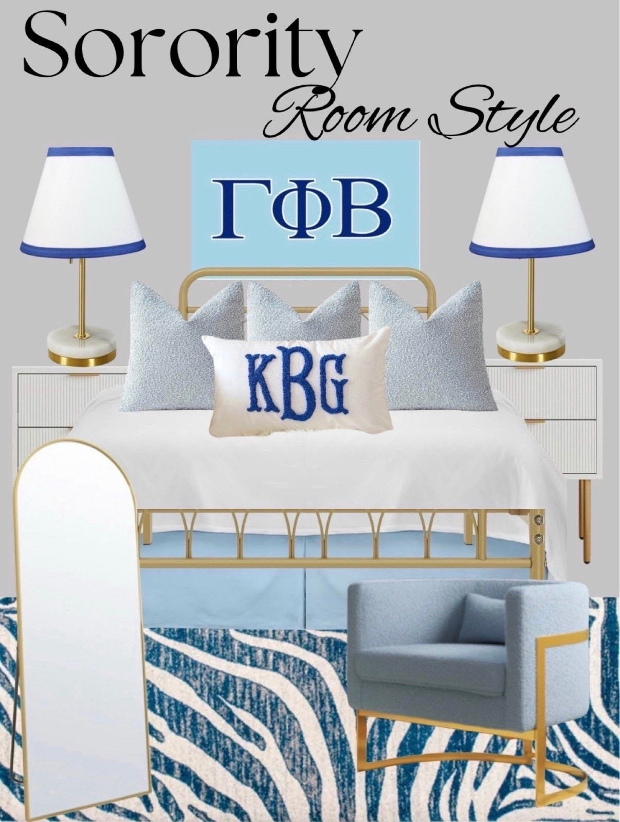 Gamma Phi Beta Sorority Inspired Dorm or Apartment Decor in Blue

#dorm #gohi #gammaphibeta #sororitystyle #gphiflag #dormdecor #bluebedroomdecor #sororityflag #fratflag #goldbedframe #collegedorm #dorminspiration #dormstyle #bluedorm #collegebedroom #collegestyle

alazyhome Queen Size Bed Frame 14 Inch Metal Platform Bed Frame Heavy Duty Steel Slats Support No Box Spring Needed Noise-Free Easy Assembly Gold

Luxury Pleated Full Bed Skirt with Split Corners - 16 Inch Tailored Drop Easy Fit - Pleated Dust Ruffle - 100% Microfiber Soft, Wrinkle-Free Box Pleated Bed Skirts (Light Blue, Full- 16" Drop)

Yaheetech Metal Platform Bed Frame Mattress Foundation with Diamond Pattern Headboard/Footboard/Heavy Duty Steel Slat Support/Under Bed Storage/No Box Spring Needed/Queen Size Antique Gold

Momeni Rugs Isabella Traditional Medallion Flat Weave Area Rug, 5'3" X 7'3", Blue

Urbanest White Cotton with Blue Trim Chandelier Lamp Shades, 6-inch, Hardback Clip On

Luvkczc Minimalist Table Lamp Set of 2, Nightstand Lamp for Bedroom Living Room, Modern Pull Chain Bedside Lamp with Marble Base, Fabric Shade, Small Desk Lamp for Home, Office, Reading,Gold

Foindtower Modern Textured Boucle Throw Pillow Covers Accent Solid Decorative Pillow Cases Cozy Woven Couch Cushion Case for Chair Sofa Bed Living Room Home Decor, 18 x 18 Inch, 1PC, Light Blue

Upholstered arm chair club chair 
Shatterproof Metal Full Length Mirror

Gamma Phi Beta Gphi Sorority Flag 3x5

#LTKBacktoSchool 

#LTKStyleTip #LTKFindsUnder100

#LTKdayinmylife #LTKU #LTKHome