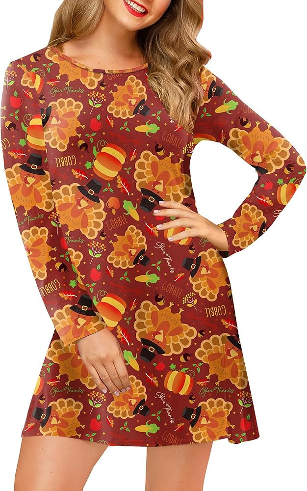Women's Thanksgiving Dress Maple Leaves Turkey Graphic Long Sleeve Thankful Costume with Pockets | Amazon (US)
