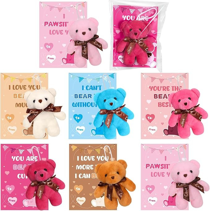 24 Packs Valentines Day Cards for Kids School with Mini Bears Plush Toy, Valentines Exchange Card... | Amazon (US)