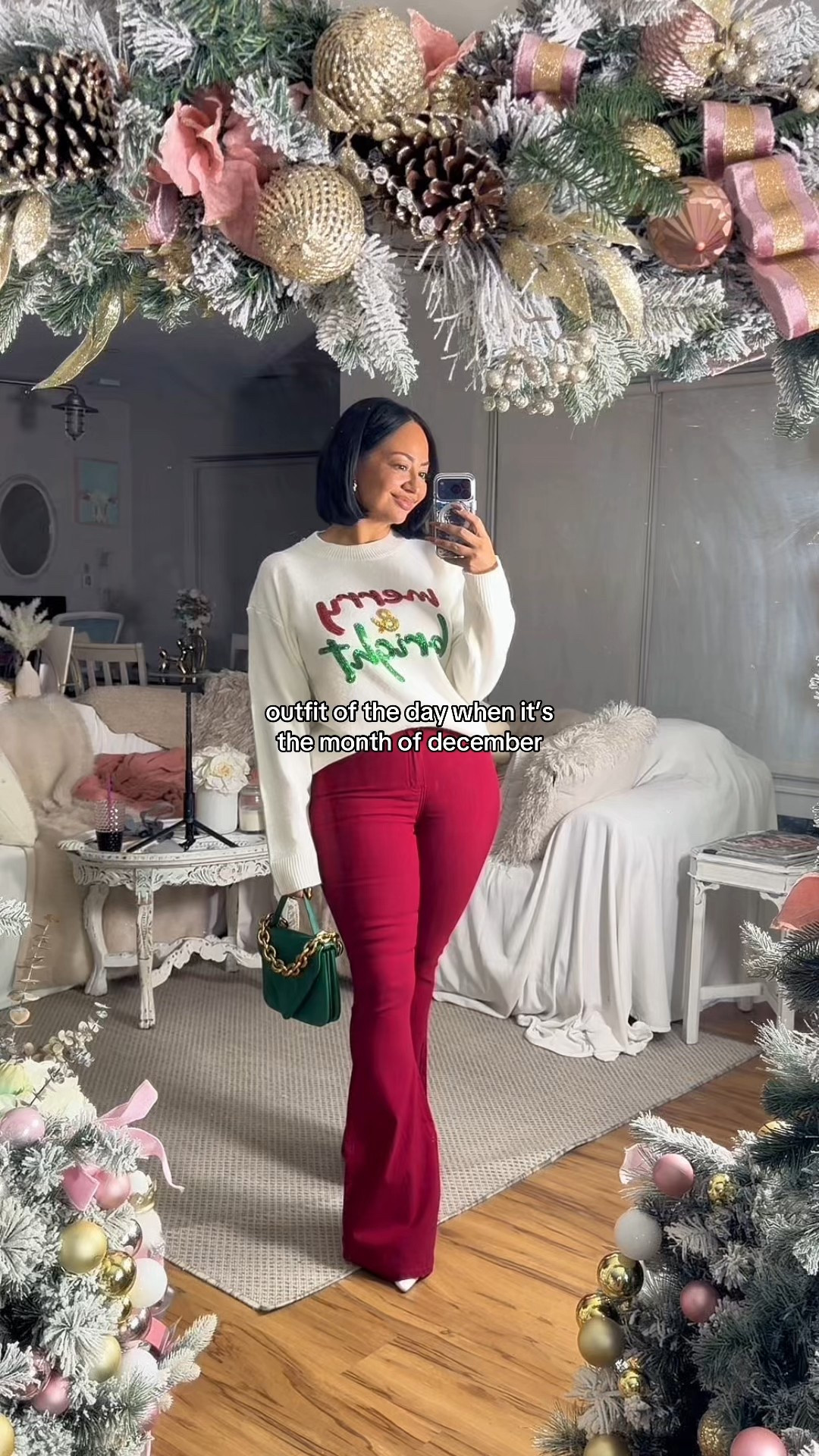 OOTD but make it holiday 🥂✨❤️ 🎅🏽 Who’s ready for alllll the holiday outfits?

holiday outfit 
red flare jeans 
burgundy pants 
Christmas sweater 
green bag 
white heels  

#LTKHoliday #LTKPetite #LTKootd