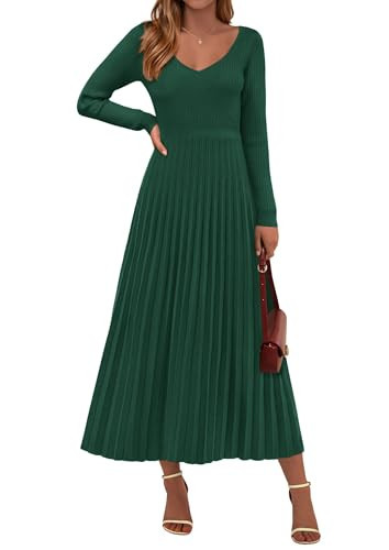 PRETTYGARDEN Women Sweater Dress Fall Fashion 2025 Long Sleeve V Neck Ribbed Knit Pleated A Line Elegant Maxi Winter Dresses (Dark Green,Small) | Amazon (US)