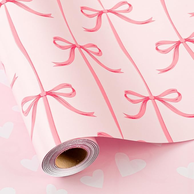 Burymento Pink Bow Wrapping Paper, Reversible Pink Love Design Gift Wrap for Baby Shower, Birthda... | Amazon (US)