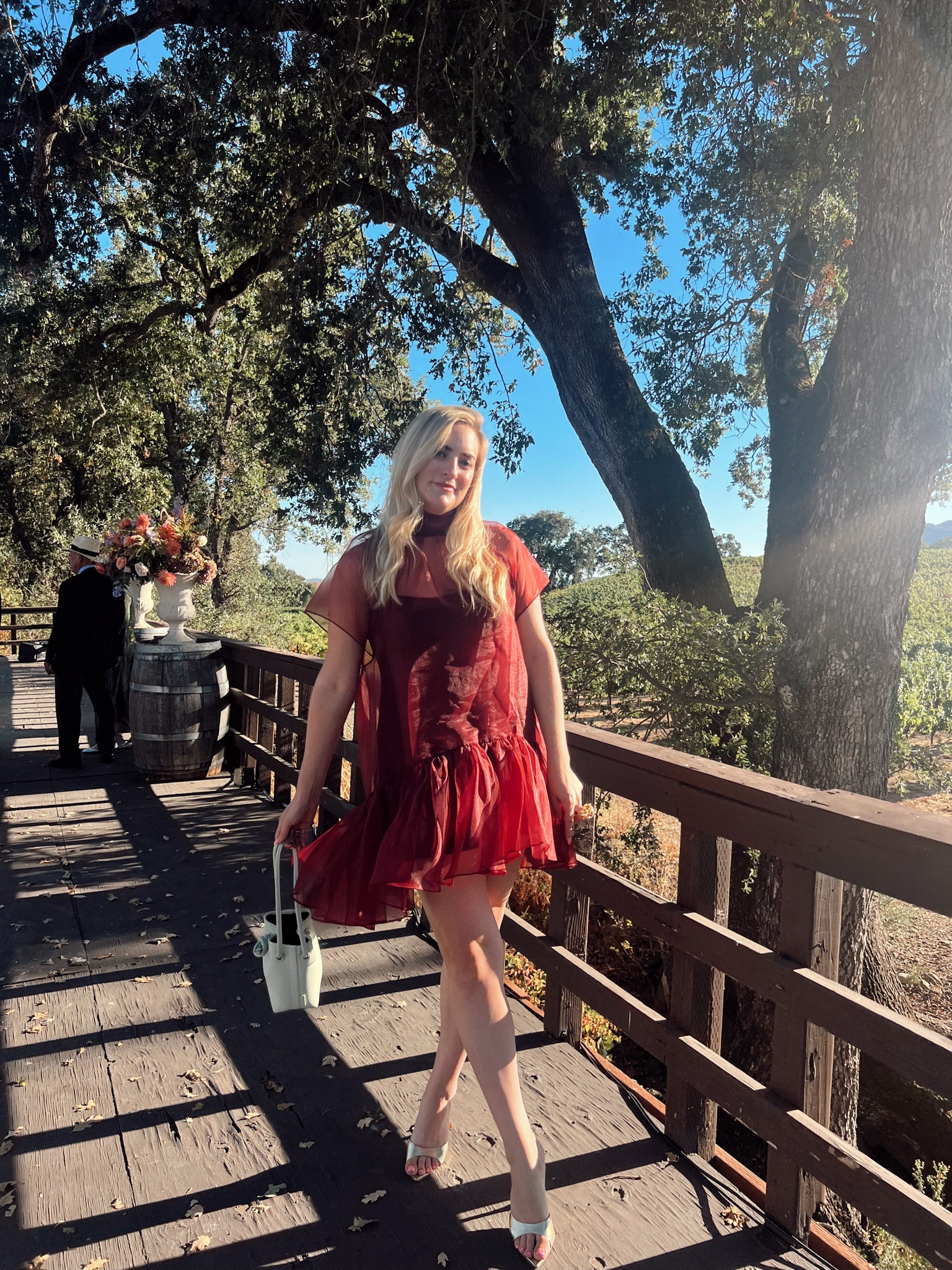 Fall wedding guest style | maroon dress | red dress | sheer organza dress 