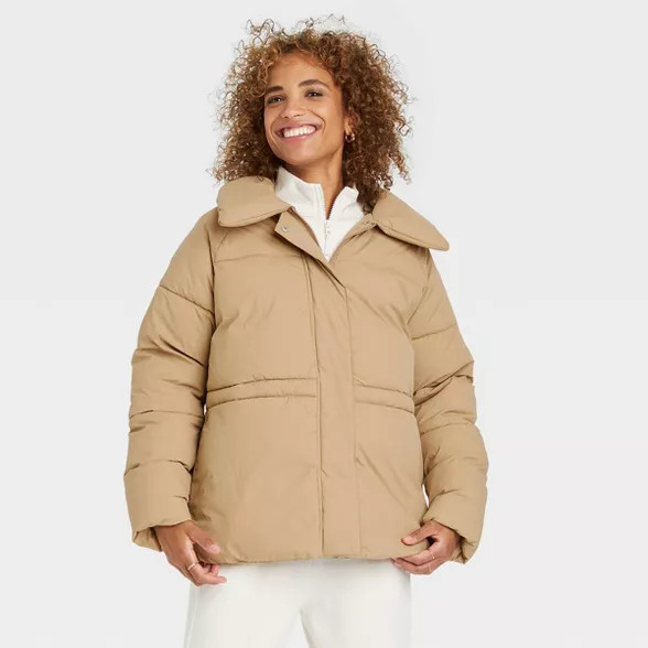 Women's Medium Length Matte Puffer Jacket - A New Day™ Brown L | Target