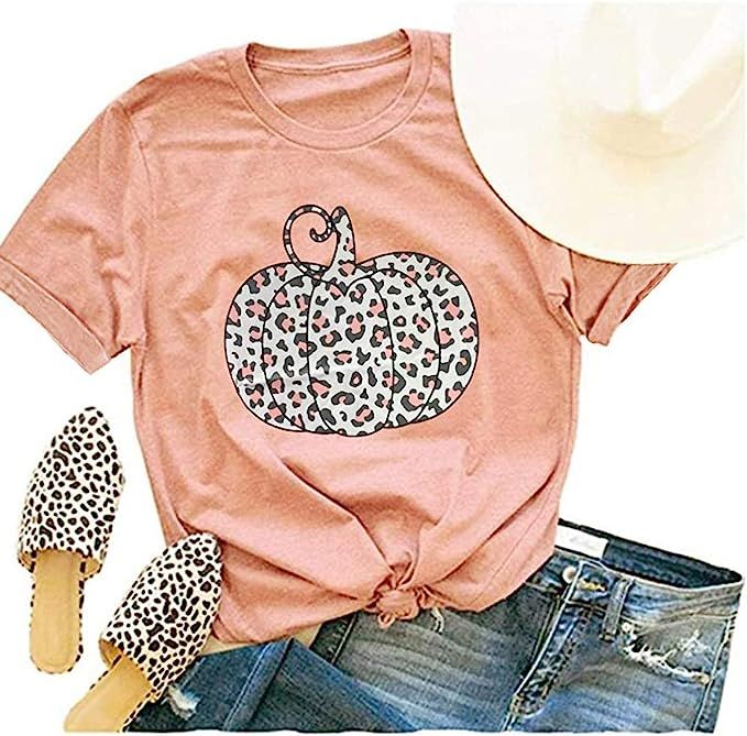 Woffccrd Womens Funny Leopard Pumpkin Printed Shirts Halloween Short Sleeve Graphic Tees Fall T-S... | Amazon (US)
