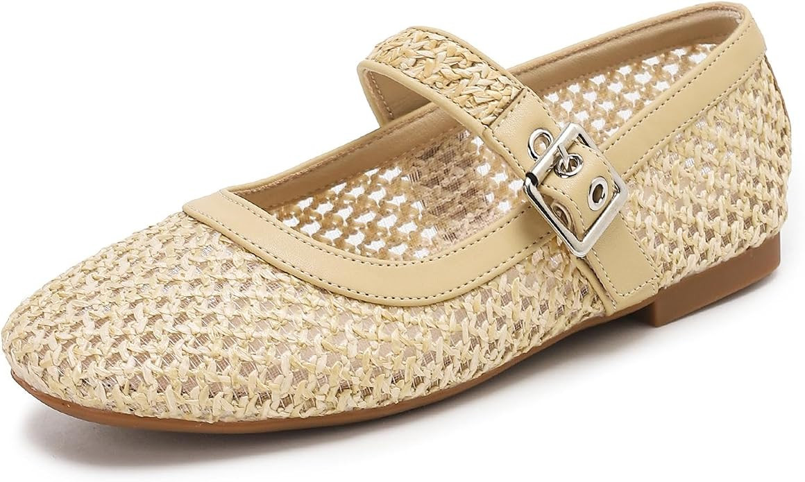 katliu Woven Mesh Flats for Women Round Toe Ballet Flats Mary Jane Flat Shoes with Buckle | Amazon (US)