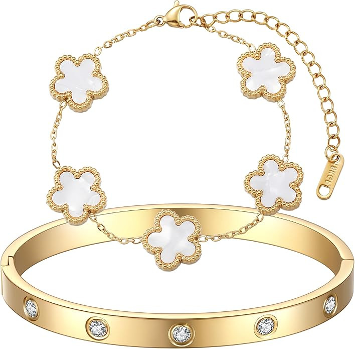 18K Gold Plated Clover Bracelet Love bangle Set for Women - Stack Friendship Bracelet Lucky Link ... | Amazon (US)