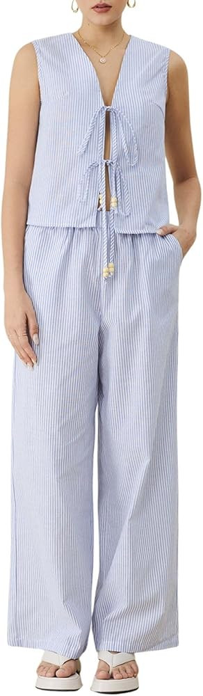Verdusa Women's 2 Piece Outfit Striped Bow Tie Tank Top and Long Pants Sets | Amazon (US)