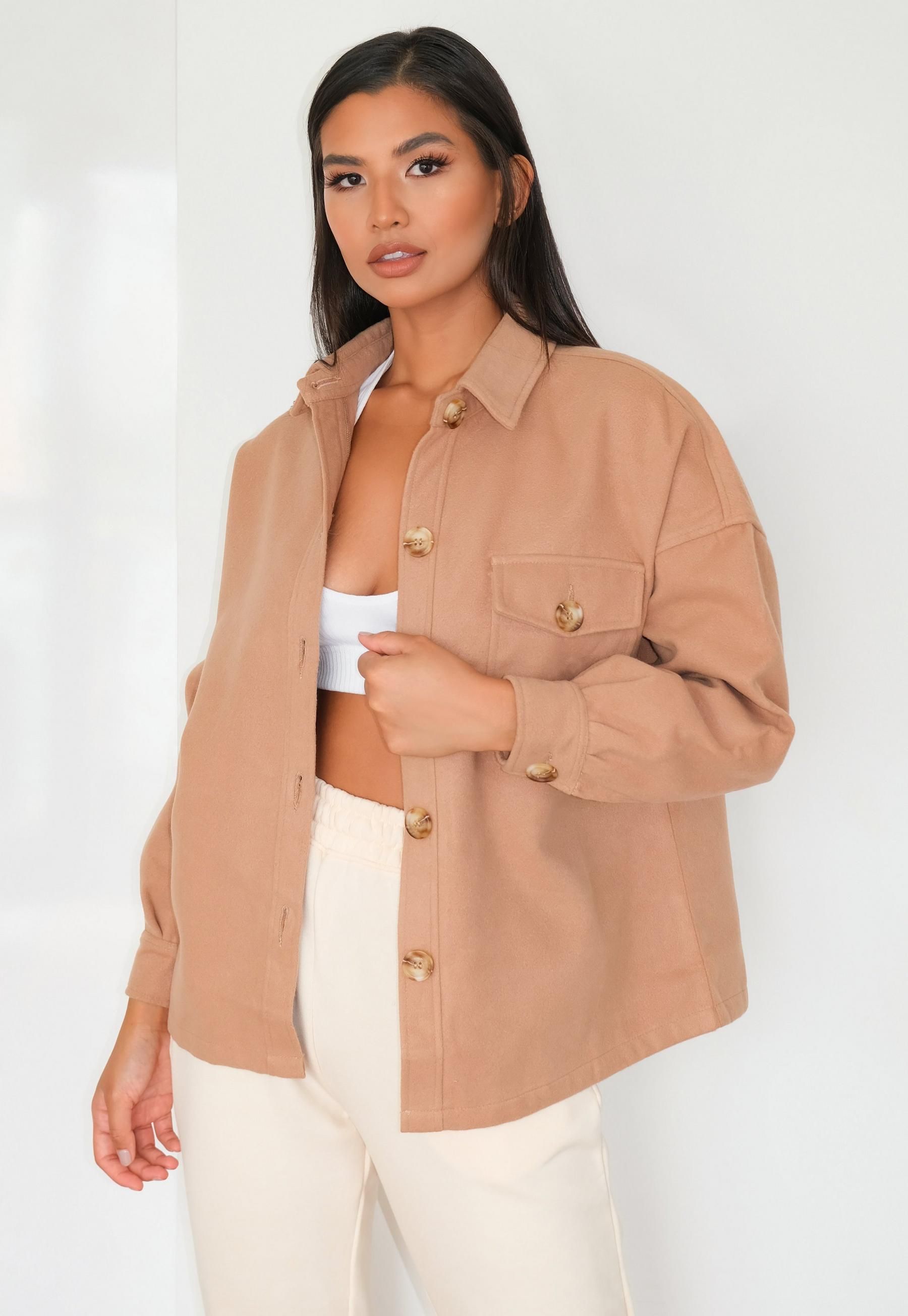 Missguided - Petite Camel Brushed Button Down Shacket | Missguided (US & CA)