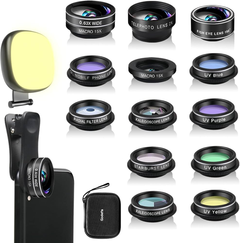 Godefa Phone Camera Lens Kit, 14 in 1 Lenses with Selfie Light for iPhone 14 13 12 11 Xs X Pro Sa... | Amazon (US)