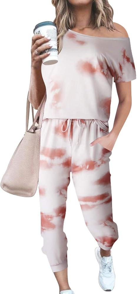 ANRABESS Women’s Short Sleeve Off Shoulder Jogger Set 2 Pieces Tie Dye Sweatsuit Tracksuit Loun... | Amazon (US)