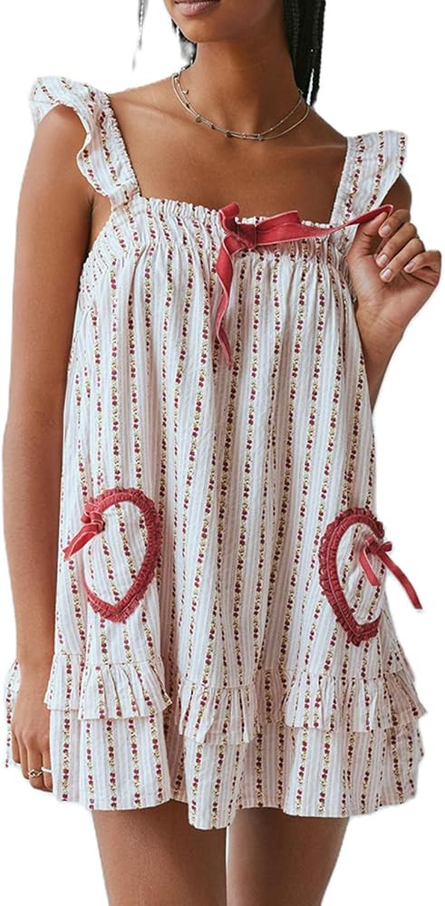 HOXIJIA Women Cute Floral Printed Mini Dress Sleeveless Bow Front Loose Ruffled Short Dress Summe... | Amazon (US)