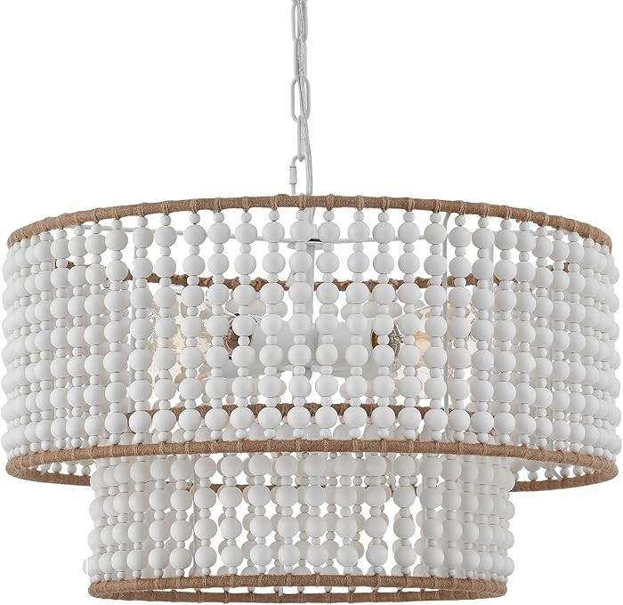 Dia 22 Inch Boho Wood Bead Chandelier Farmhouse, Bohemia Dining Room Light Fixture Over Table, Wh... | Amazon (US)