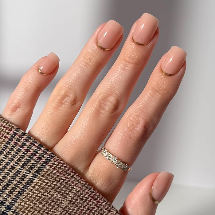 Glamnetic Press On Nails - Short Squoval Fake Nails, Nude Neutral Nails with Gold Reverse French ... | Amazon (US)
