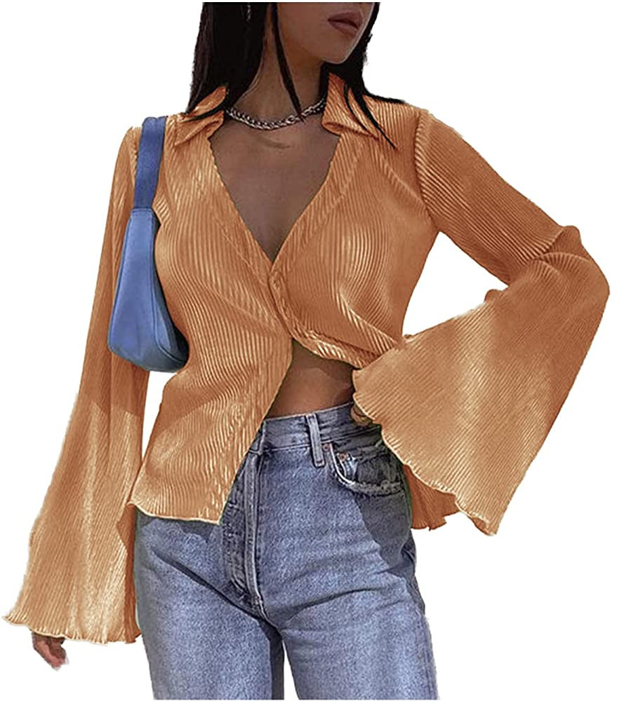 LYANER Women's Deep V Neck Button Front Bell Long Sleeve Blouse Shirt Top | Amazon (US)