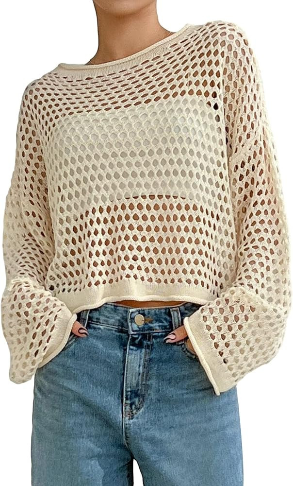 COZYEASE Women's Hollow Out Drop Shoulder Open Knit Top Round Neck Short Sleeve Casual Plain Shee... | Amazon (US)