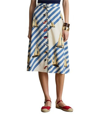 Petite Size Crepe de Chine Stripe Sailboat Sailing Flag Print A-Line Button Front Skirt | Dillard's