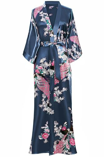 BABEYOND Women's Kimono Robe Long Satin Silky Robes with Peacock and Blossoms Printed Kimono Nightgown | Amazon (US)