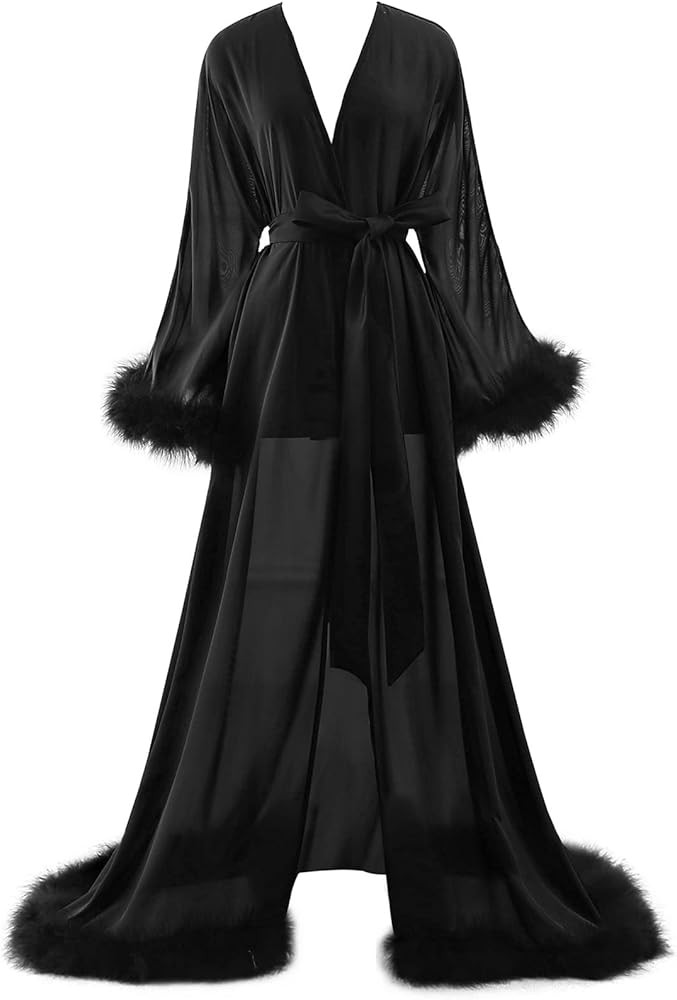 Molisa Sexy Feather Robe Chiffon Sheer Long Lingerie Wedding Scarf Illusion Nightgown Bathrobe Br... | Amazon (US)