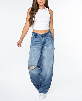 Juniors' Mid-Rise V-Waist Wide-Leg Baggy Jeans | Macy's