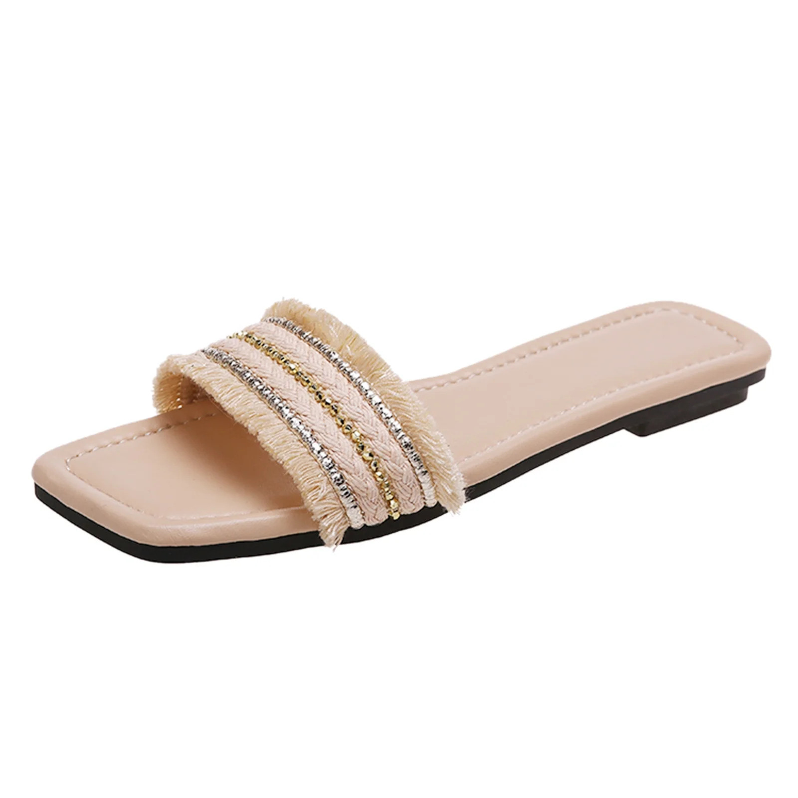 gvdentm Women'S Fashion Sneakers Women Flat Beaded Fringe Slippers Square Faux Leather Sandals fo... | Walmart (US)