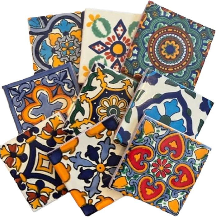 9 Mixed Designs (NO Stickers) Real Ceramic A1 Quality Talavera Mexican Tile 4x4 " Sampler | Amazon (US)