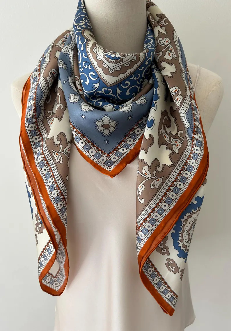 Mulberry Silk Scarf: Blue, Orange Beige Arts Print Shawl Wrap (43"x43") | Etsy (Global)