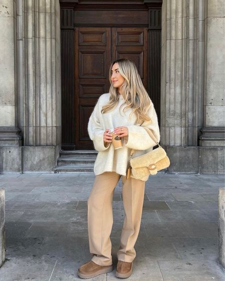Creamy tones for a comfy weekend outfit. Beige wide leg tailored trousers, Ugg platform ultra minis, cream oversized knit jumper & coach tabby shearling bag  

#LTKitbag #LTKshoecrush #LTKstyletip