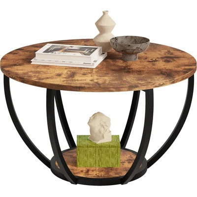 28" Round Coffee Table With Storage,2-Tier Wood Accent Center Table For Living Room,Sofa Table For Home Office, Brown | Wayfair North America