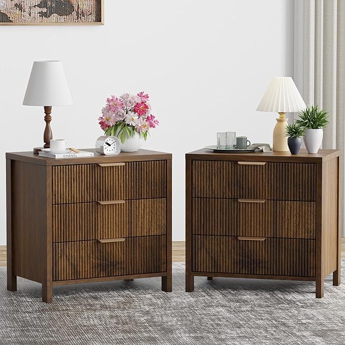 Fluted Nightstands Set of 2, 23.7'' Wide Night Stand with 3 Drawers, Mid-Century Modern Bedside T... | Amazon (US)