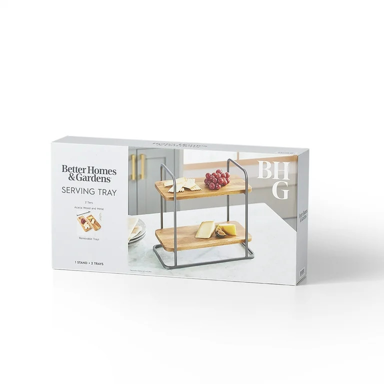 Better Homes & Gardens Rectangle Two-Tier Wood Serving Tray, 14.29" L x 7.08" W, Gray | Walmart (US)
