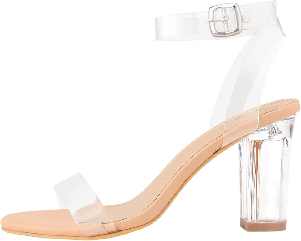 ZriEy chunky heels for women Clear Block Heels strappy platform sandals Ankle Strap Sandals Adjus... | Amazon (US)