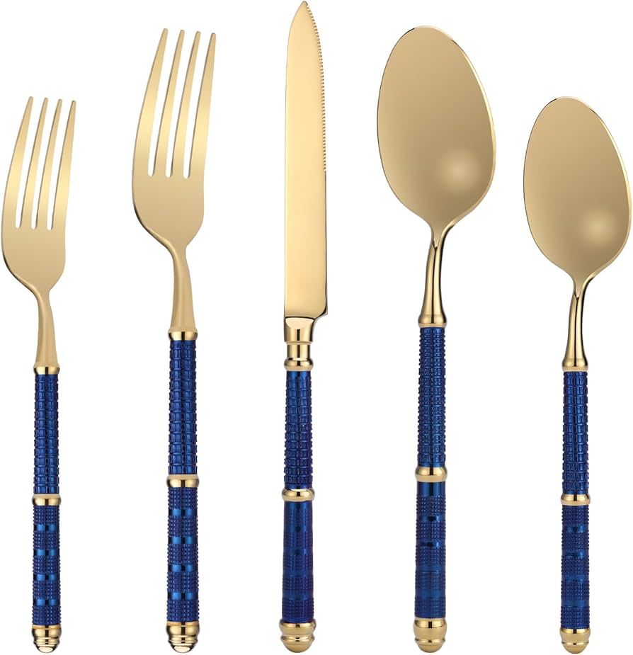 20-Piece Gold Blue Silverware Set with Manual Forged, 18/10 Stainless Steel Cutlery set, Flatware... | Amazon (US)
