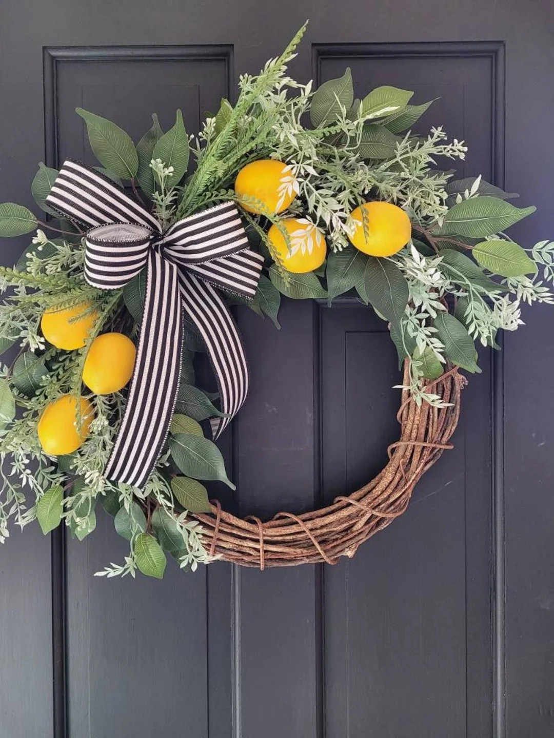 Spring Summer Farmhouse Yellow Lemon Wreath for Your Front Door or Kitchen With Black and White R... | Etsy (US)