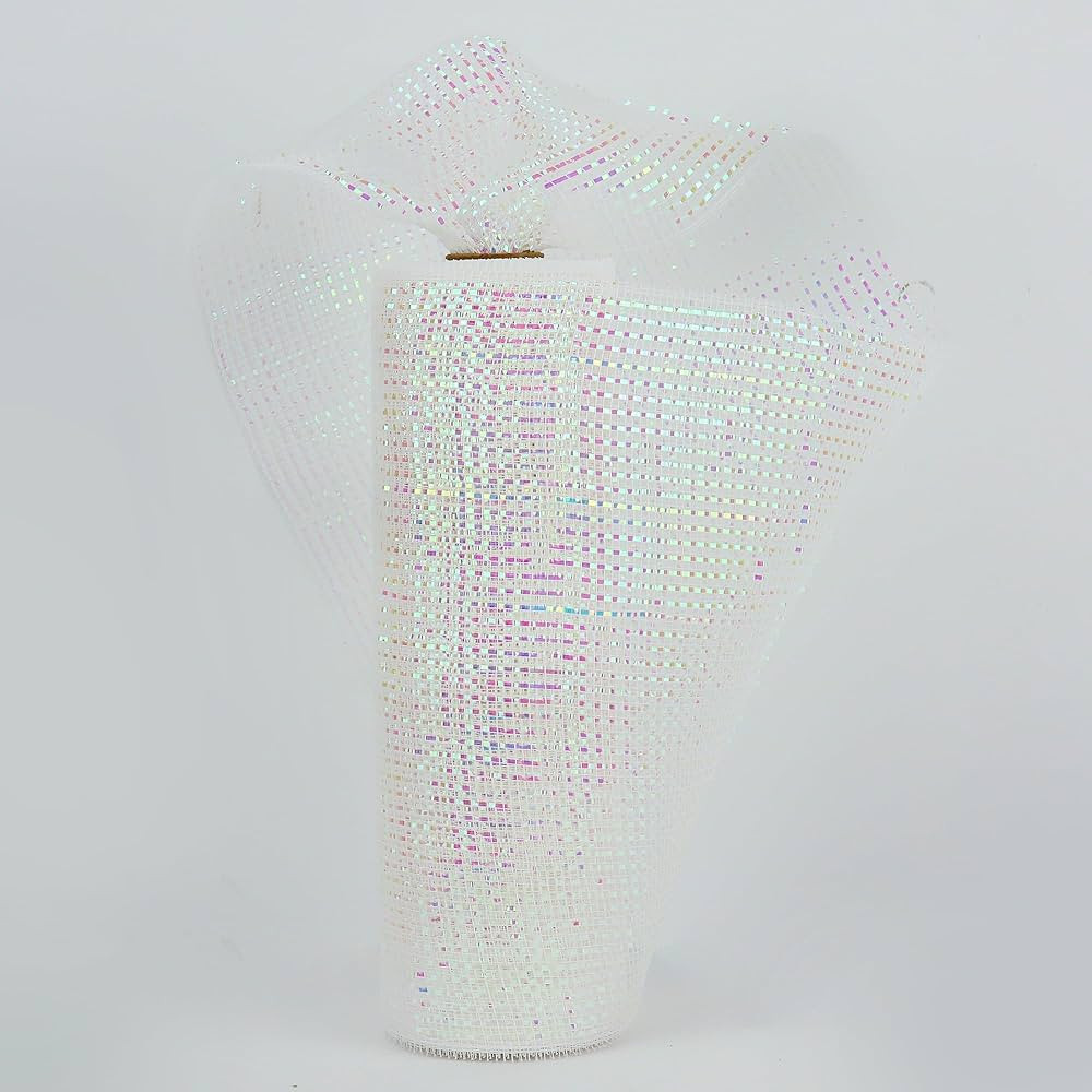 HUIHUANG White Deco Mesh 10 inch Deluxe Wide Iridescent Foil White Mesh Ribbon for Christmas, Dec... | Amazon (US)