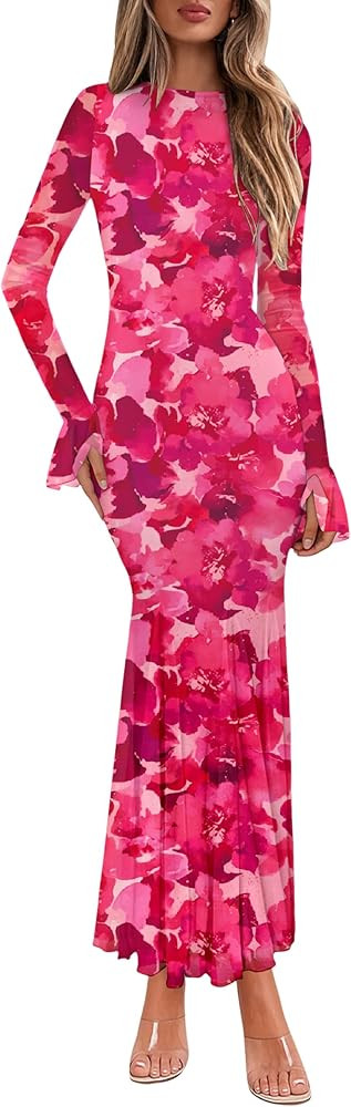 Lazysmile Women's Long Sleeve Floral Maxi Dresses Fall Formal Crewneck Bodycon Mesh Ruffle Weddin... | Amazon (US)