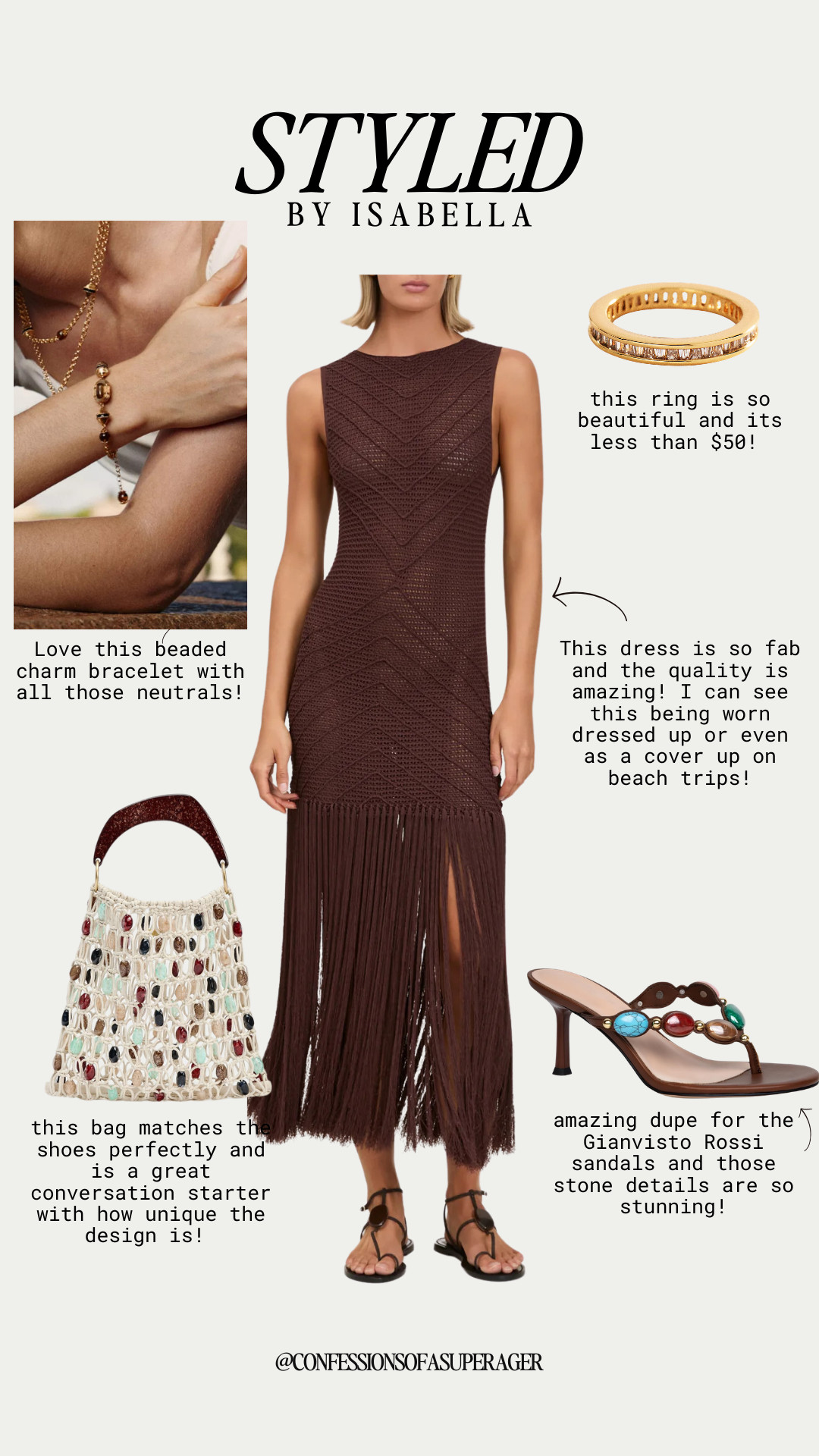 Effortless spring to summer style in the chicest chocolate brown 🤎 This textured fringe midi dress is the perfect elevated warm-weather look—easy to dress up for dinner or wear as a stylish beach vacation cover-up. Styled with a beaded charm bracelet, an under-$50 gold ring, a statement woven mini bag, and gorgeous jeweled thong sandals (a stunning designer-inspired find!), this outfit is perfect for resort wear, vacation outfits, and polished everyday style. Tap to shop all the details on LTK @confessionsofasuperager ✨ #SpringStyle #SummerStyle #ResortWear #VacationOutfit #BrownDress #Over40Style #ChicStyle #AffordableLuxury #LTKStyle 

 

#LTKSpringSale #LTKootd #LTKOver40